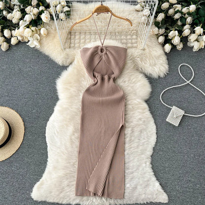 Trendy rückenfreies Maxi-Strickkleid mit Seitenschlitz für Damen (Einheitsgröße) – Liora