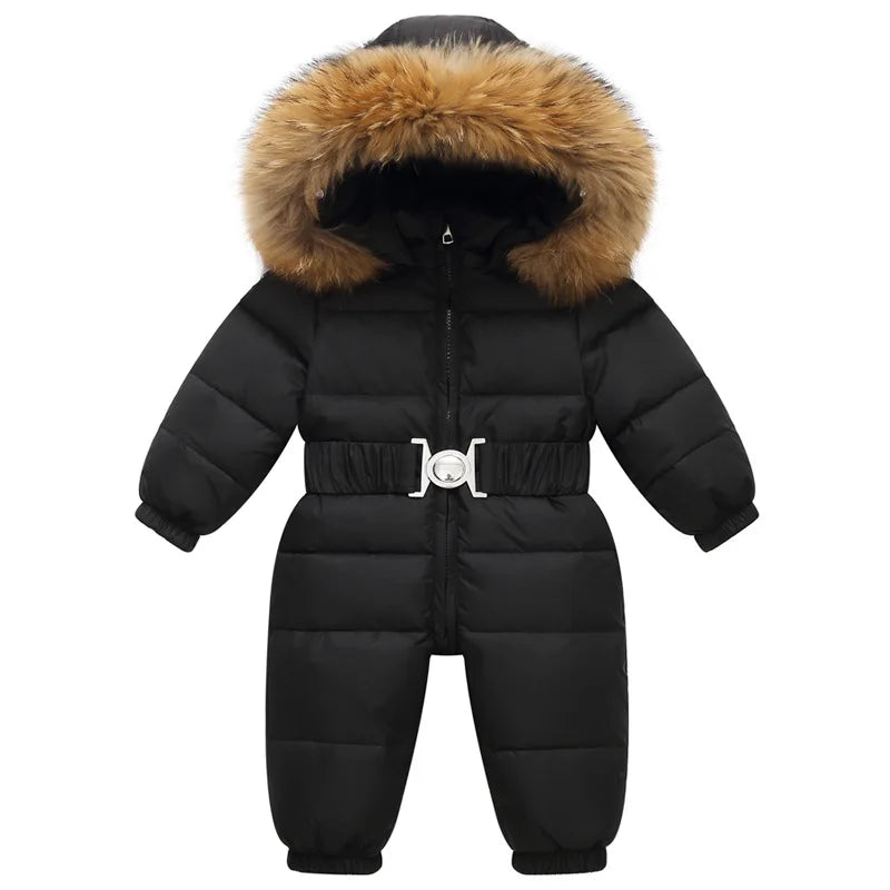 Gefütterter, wasserdichter Winteroverall mit Kapuze und Gürtel – Winterzauber Niko