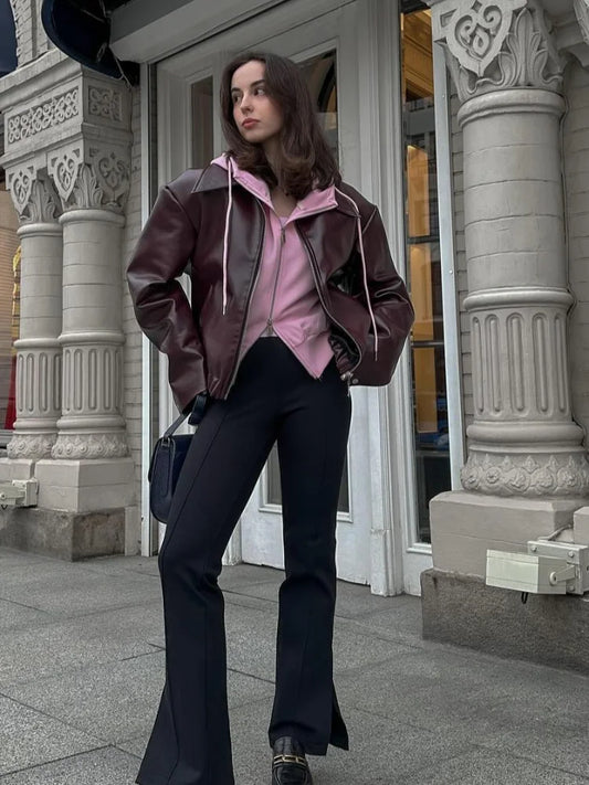 Braunes Leder Damenjacke mit Reverskragen – Giulia
