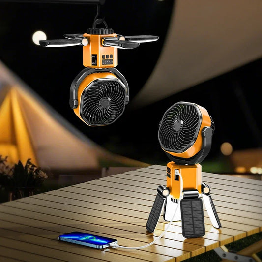 Solar Camping Fan mit 6000mAh Batterie, LED Licht & 4-Geschwindigkeits-Kühlung – SunBreeze