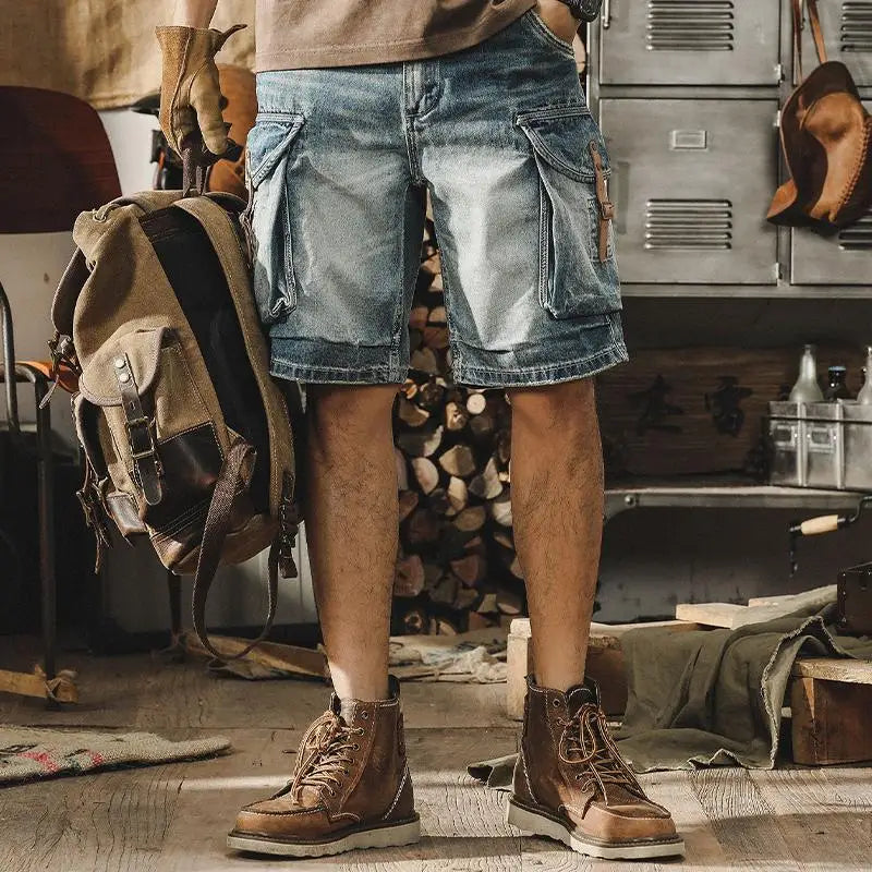 Herren Denim-Cargo-Bermuda im Retro Motorrad-Stil – Ronex