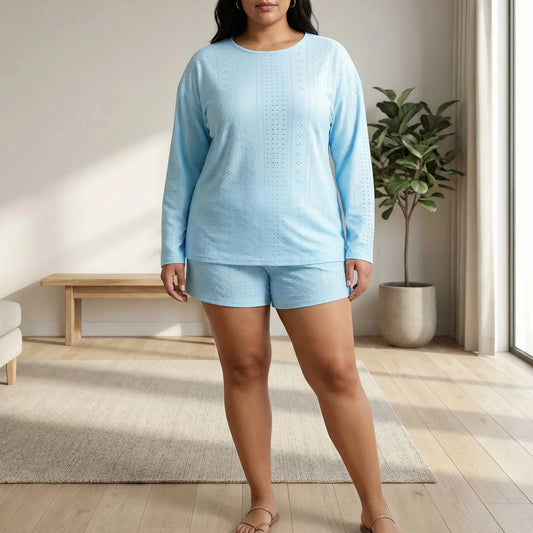 Set Aus Langarmshirt Mit Rundhalsausschnitt Und Shorts Für Große Größen - Charlene