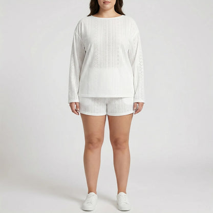 Set Aus Langarmshirt Mit Rundhalsausschnitt Und Shorts Für Große Größen - Charlene