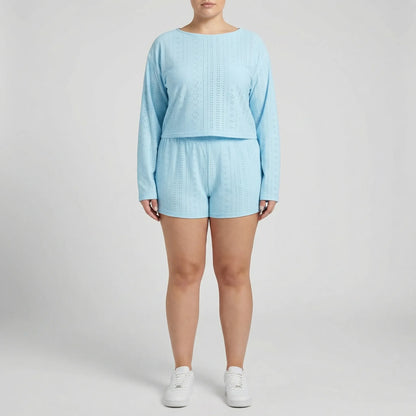 Set Aus Langarmshirt Mit Rundhalsausschnitt Und Shorts Für Große Größen - Charlene