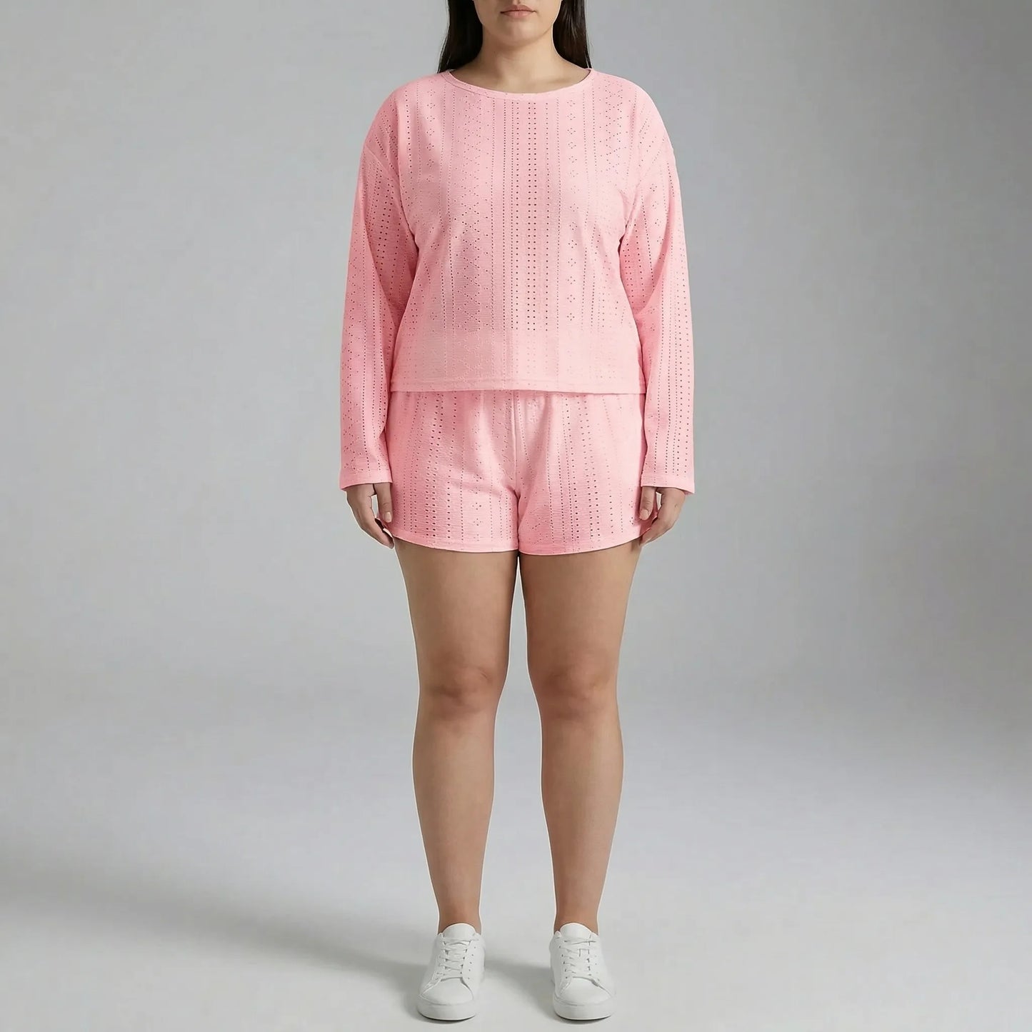 Set Aus Langarmshirt Mit Rundhalsausschnitt Und Shorts Für Große Größen - Charlene