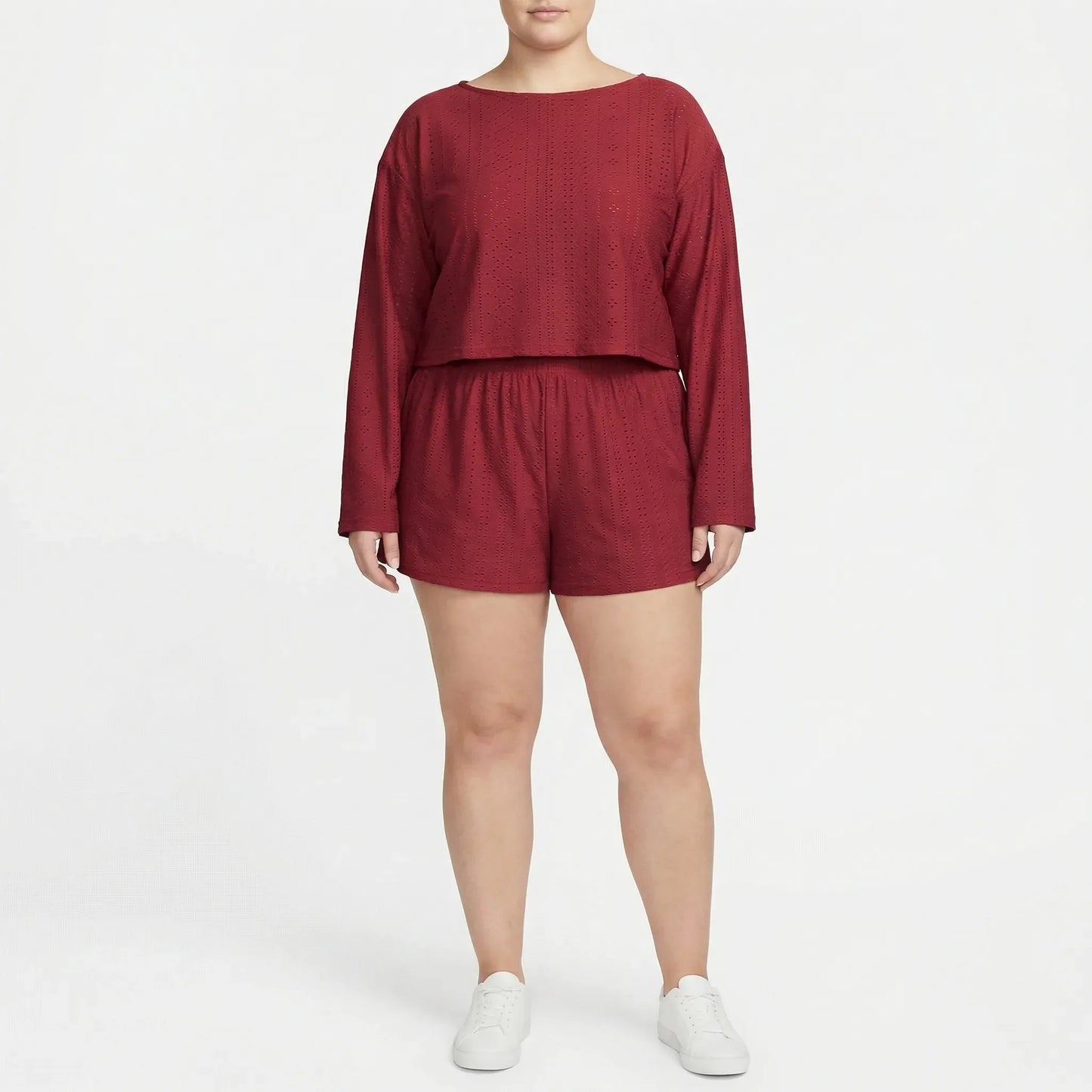 Set Aus Langarmshirt Mit Rundhalsausschnitt Und Shorts Für Große Größen - Charlene