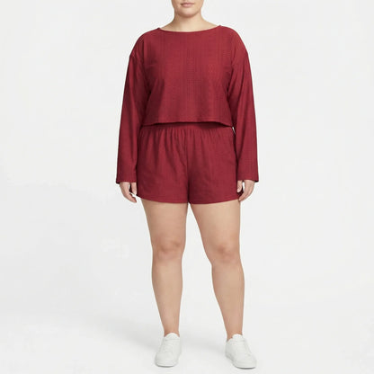 Set Aus Langarmshirt Mit Rundhalsausschnitt Und Shorts Für Große Größen - Charlene