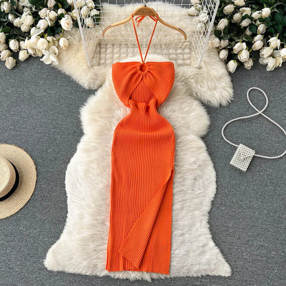 Trendy rückenfreies Maxi-Strickkleid mit Seitenschlitz für Damen (Einheitsgröße) – Liora