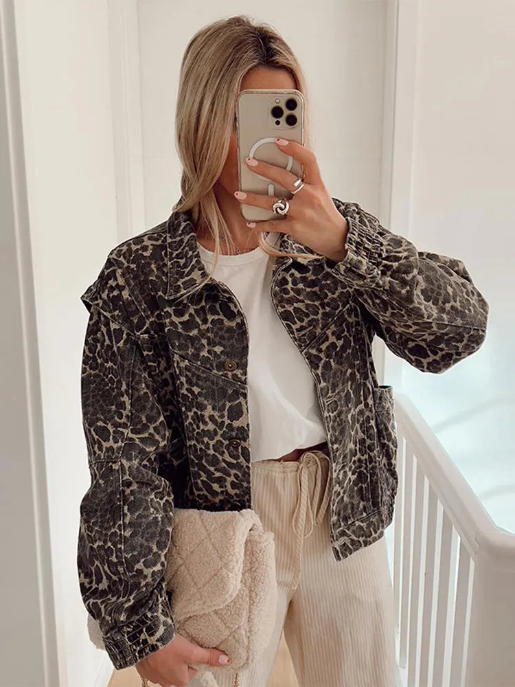 Short Leopard Print Casual Jacket - Flora