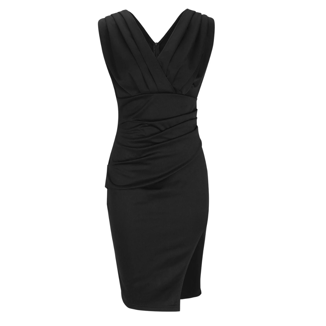 Schwarzes ärmelloses Cocktailkleid, elegantes Design, knielang, V-Ausschnitt, Damenmode.