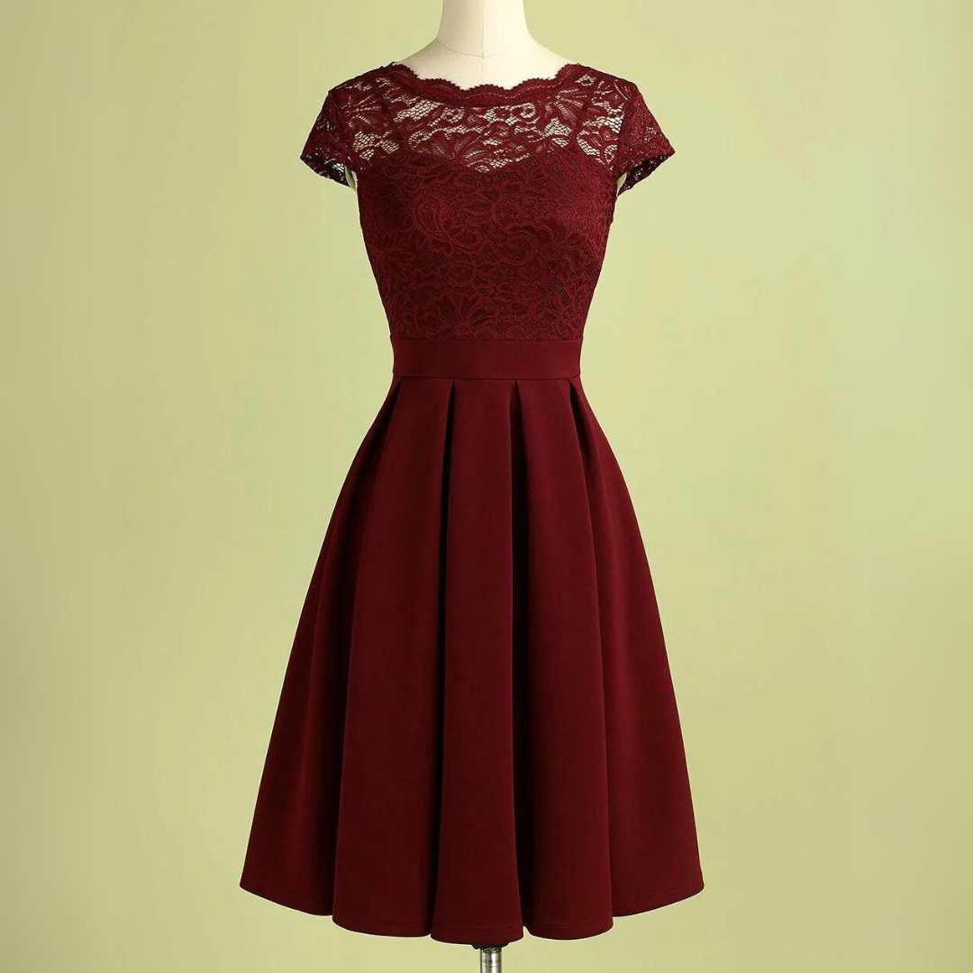 Bordeauxrotes Spitzenkleid, knielang, A-Linie, elegantes Abendkleid, Damenmode.