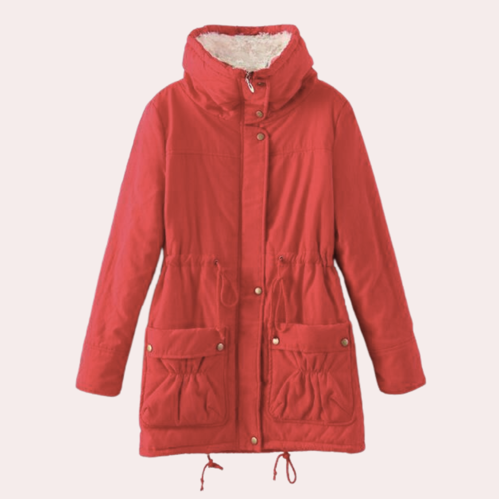 Rote Damen-Winterjacke mit Kapuze, warm gefüttert, Taschen, Reißverschluss, modisch.