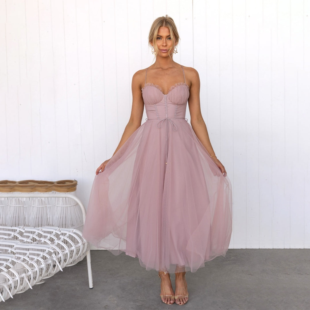 Damen Midikleid rosa Tüll, festlich, ärmellos, elegantes Design, ideal für besondere Anlässe.
