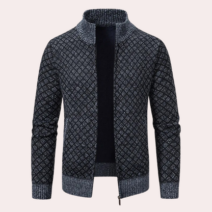 Dunkelblauer Strickjacke mit Reißverschluss, geometrisches Muster, Herrenmode, Winterkleidung.