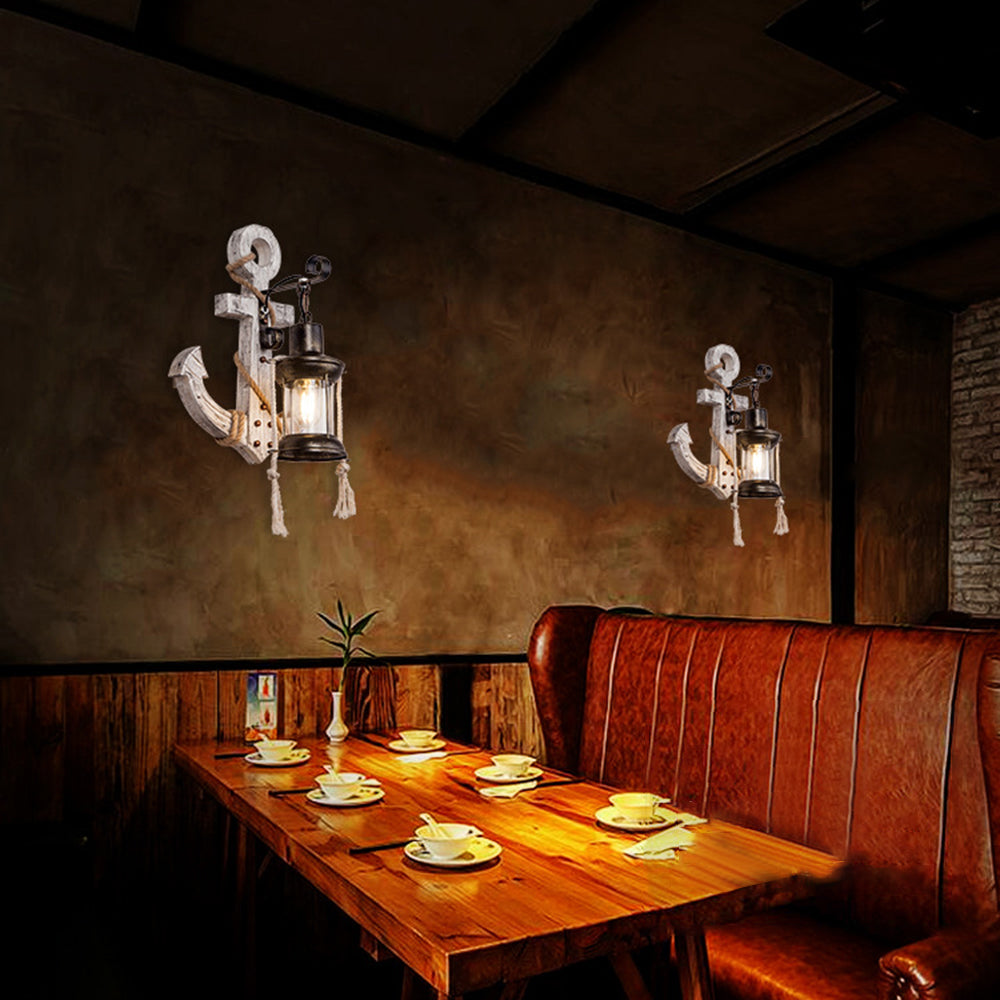 Holz-Anker LED-Lampe, maritimes Design, rustikales Dekor, warmes Licht, Wandmontage.