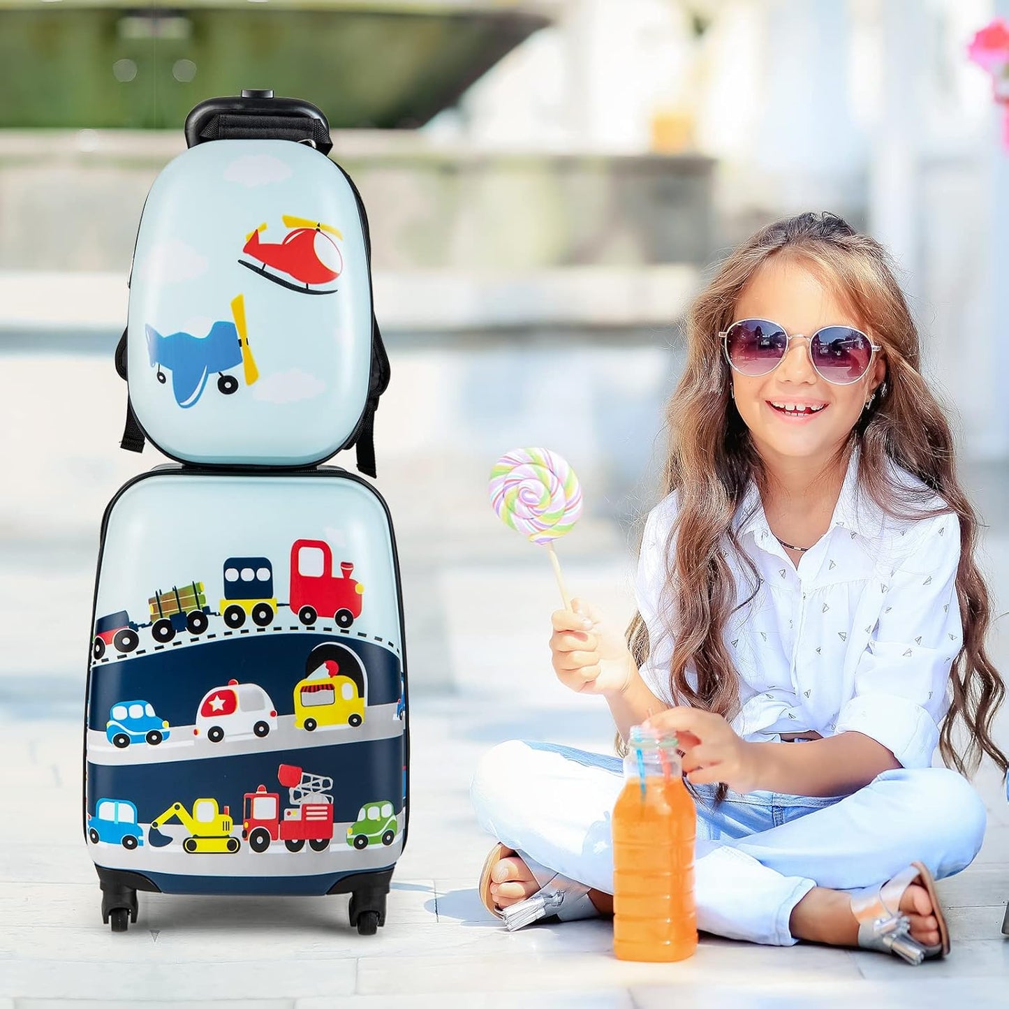 Kinder 2-teiliges Hartschalen-Gepäckset und Rucksack mit 360°-Rädern – Hubschrauber