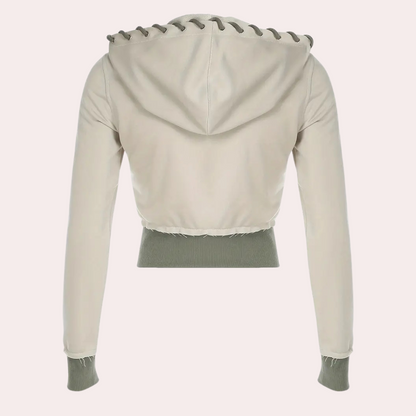 Beige Damen-Kapuzenjacke, langärmelig, mit grauen Details, modisch, bequem, Freizeitkleidung.