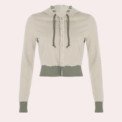 Beige Damen-Hoodie mit Kapuze, Kordelzug und Taschen, modisch und bequem.