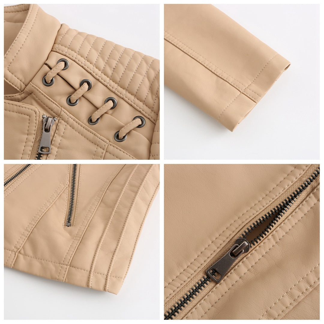 Beige Damen-Lederjacke mit Reißverschluss, Stehkragen und Ziernähten.