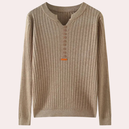 Beiger Strickpullover aus Baumwolle, gerippte Struktur, Knopfleiste, Herrenmode, Herbstbekleidung.