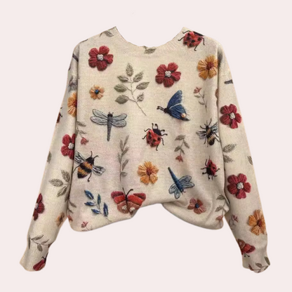 Damenpullover mit Blumen- und Insektenmuster, beige, Baumwolle, modisch, bequem, Herbstmode.