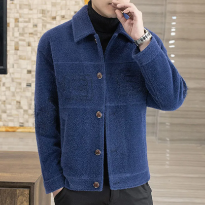 Blauer Herren-Wollmantel mit Knöpfen, elegantes Design, ideal für Herbstmode.