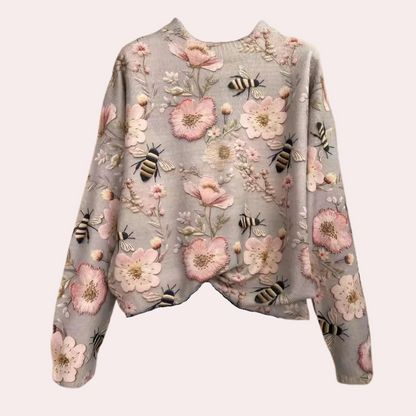 Rosa Damenpullover mit Blumen- und Bienenstickerei, langärmelig, modisch, elegant.