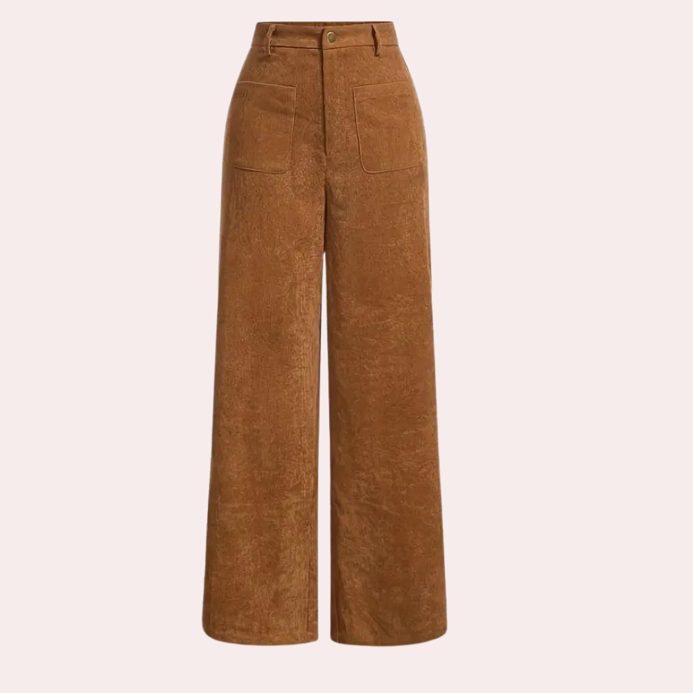 Braune Cordhose Damen, weites Bein, hohe Taille, modisch, bequem, Herbstmode, Graciella.