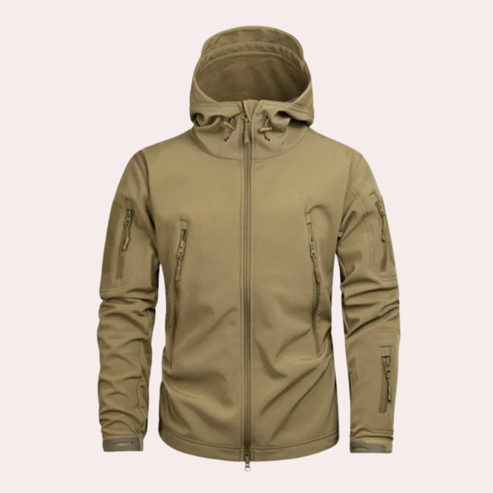 Braune Outdoor-Softshelljacke mit Kapuze, Reißverschlusstaschen, winddicht, wasserabweisend.
