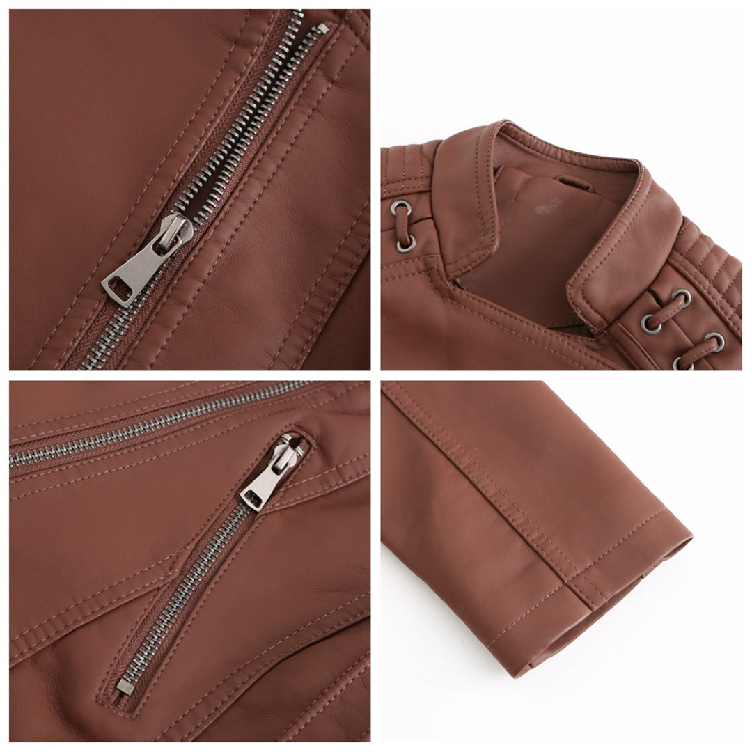 Braune Lederjacke mit Reißverschluss, Stehkragen und Ziernähten für Herrenmode.