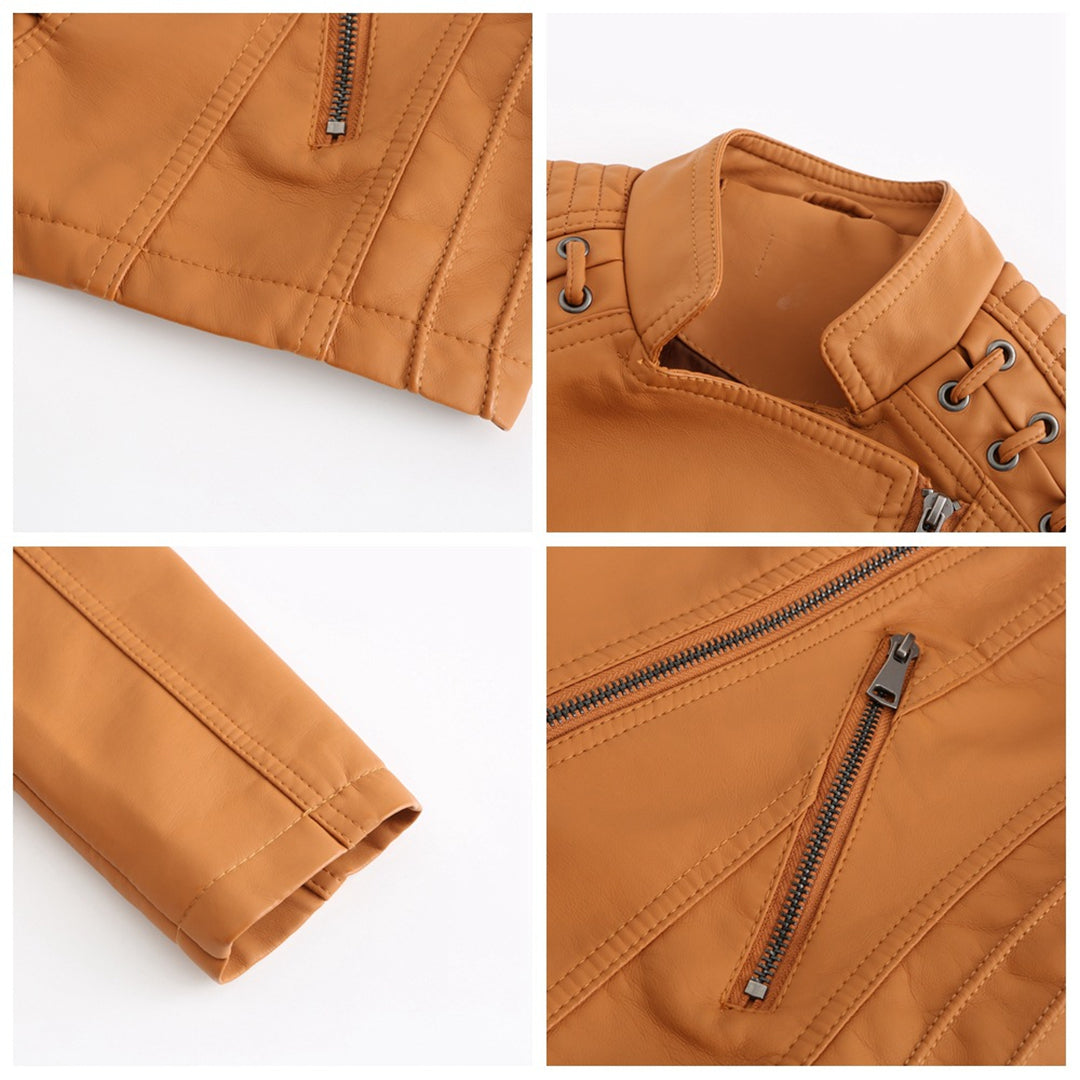 Braune Lederjacke mit Reißverschlüssen, Stehkragen und Ziernähten für Damen.