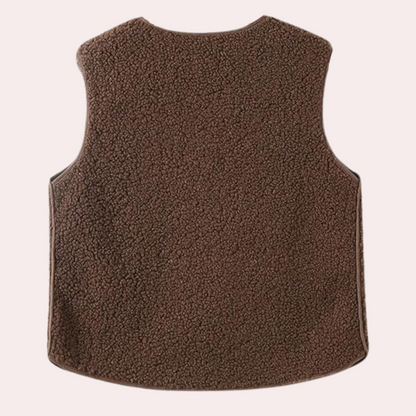 Braune Fleeceweste, ärmellos, kuschelig, warm, ideal für Herbstmode, Unisex, Outdoor-Bekleidung.