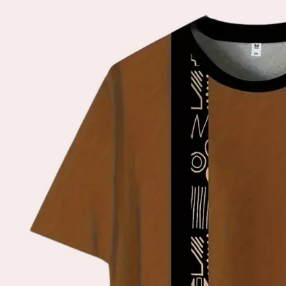 Braunes T-Shirt mit schwarzem Streifen und geometrischem Muster, Baumwolle, Unisex-Mode.