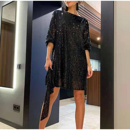 Funkelndes schwarzes Paillettenkleid, asymmetrisch, elegantes Abendmode-Outfit für Damen.