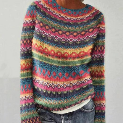 Bunter Damenpullover mit Norwegermuster, Strick, langärmelig, aus Wolle, modisch, warm.