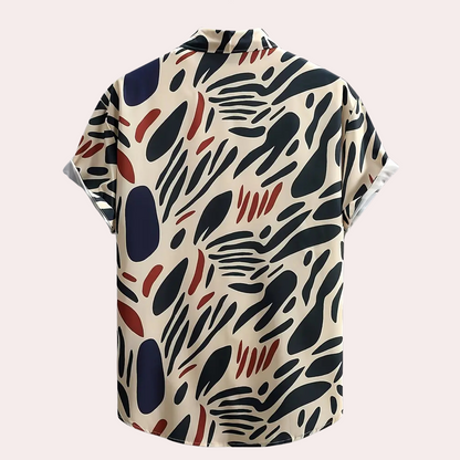 Kurzarmhemd mit abstraktem Muster, beige, schwarz, rot, blau, Herrenmode, Sommerbekleidung.