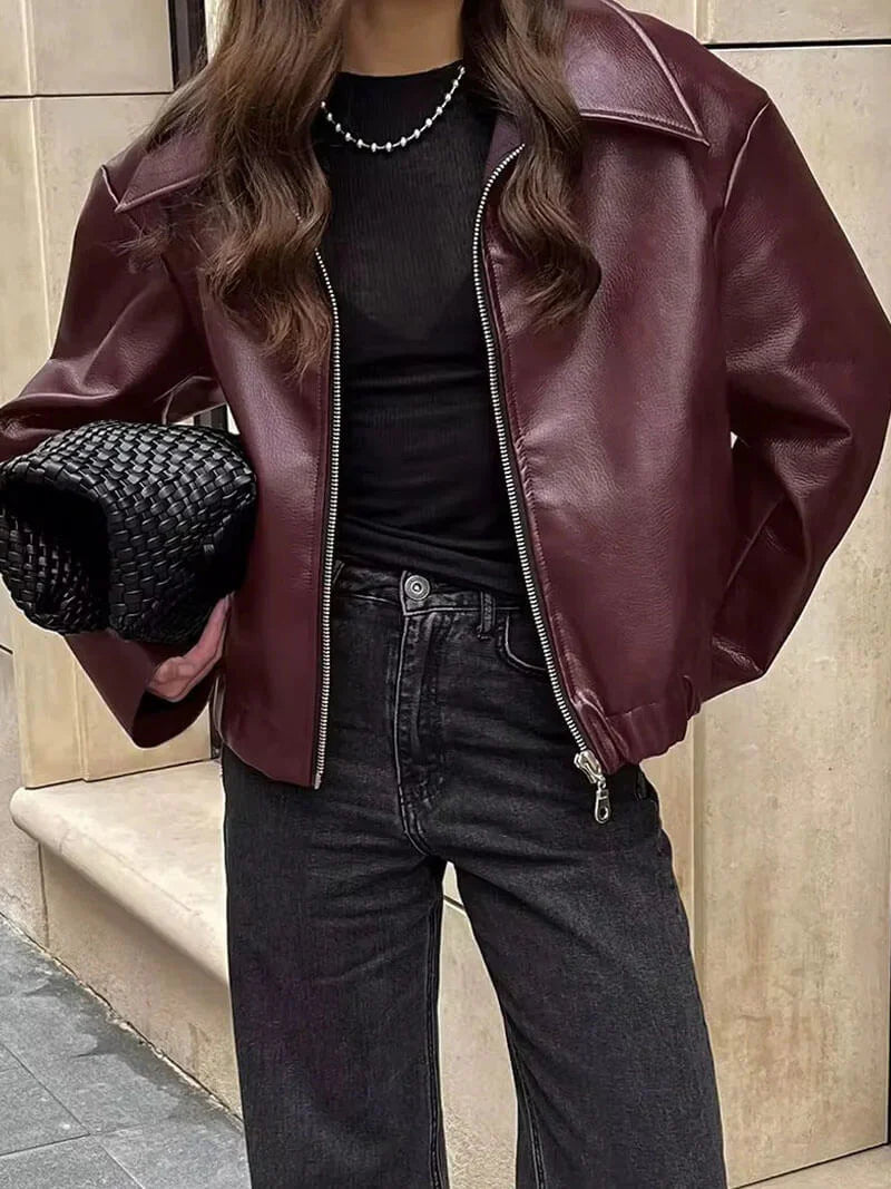 Bordeauxrote Leder Damenjacke mit Reißverschluss – Alessia