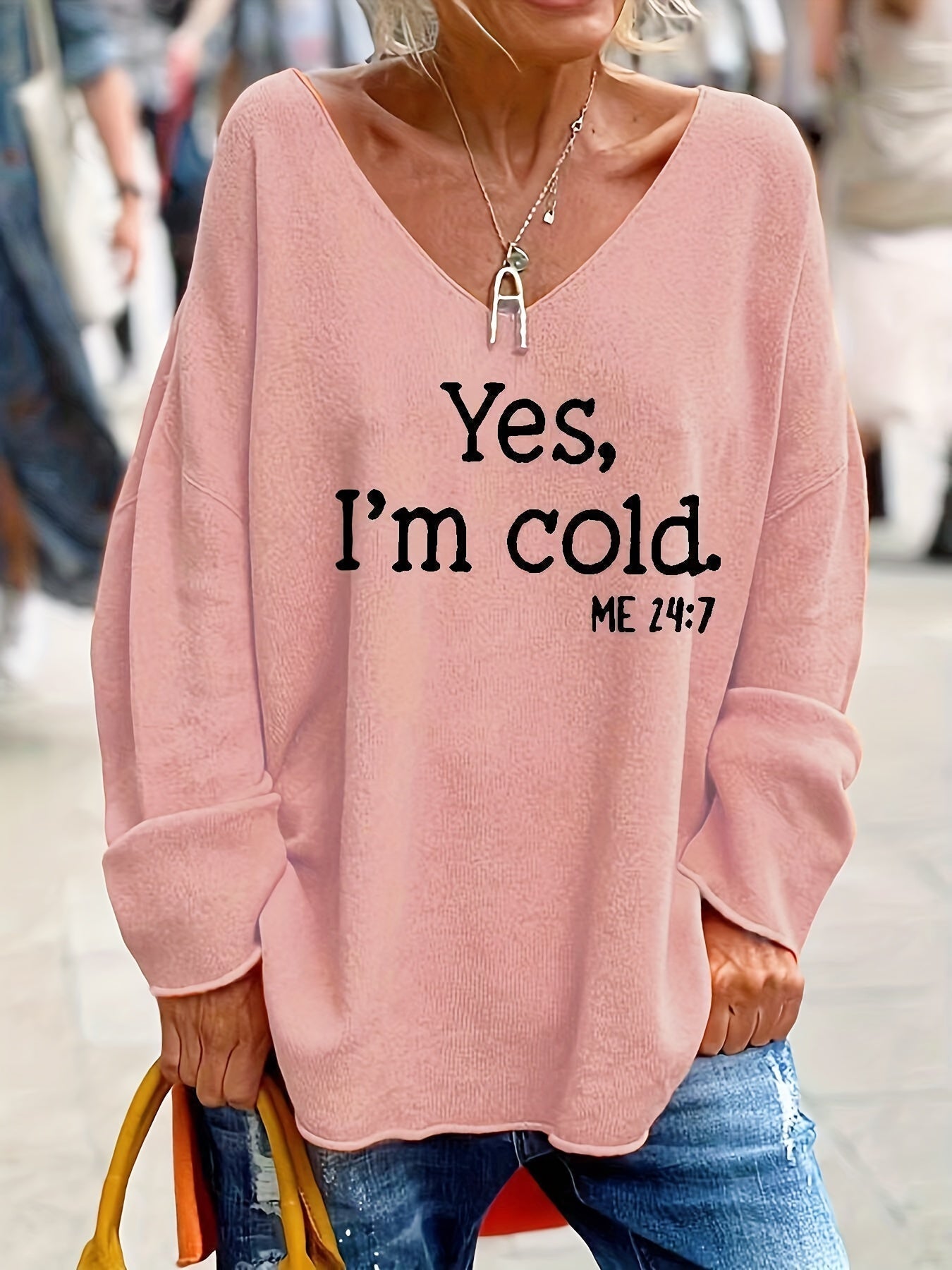 Damen Oversize-Pullover mit V-Ausschnitt & Muster – Alenia