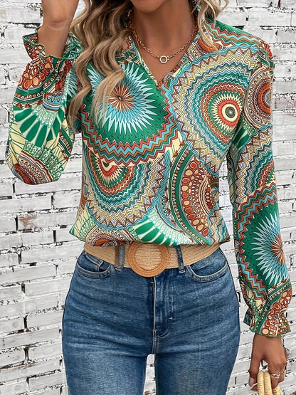 Damen Bluse mit Blumenmuster & V-Ausschnitt für Frühling & Herbst – Selina