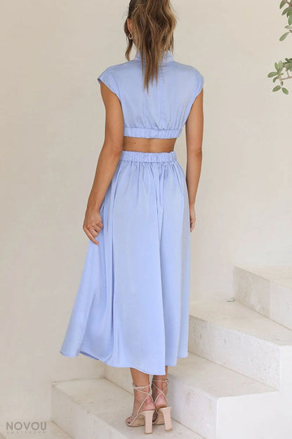 Elegantes Sommer-Midikleid mit Rollkragen und Taillenausschnitt – Avelina