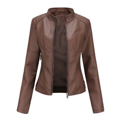 Braune Damen-Lederjacke mit Reißverschluss, modisch, elegant, Herbstmode, Oberbekleidung.
