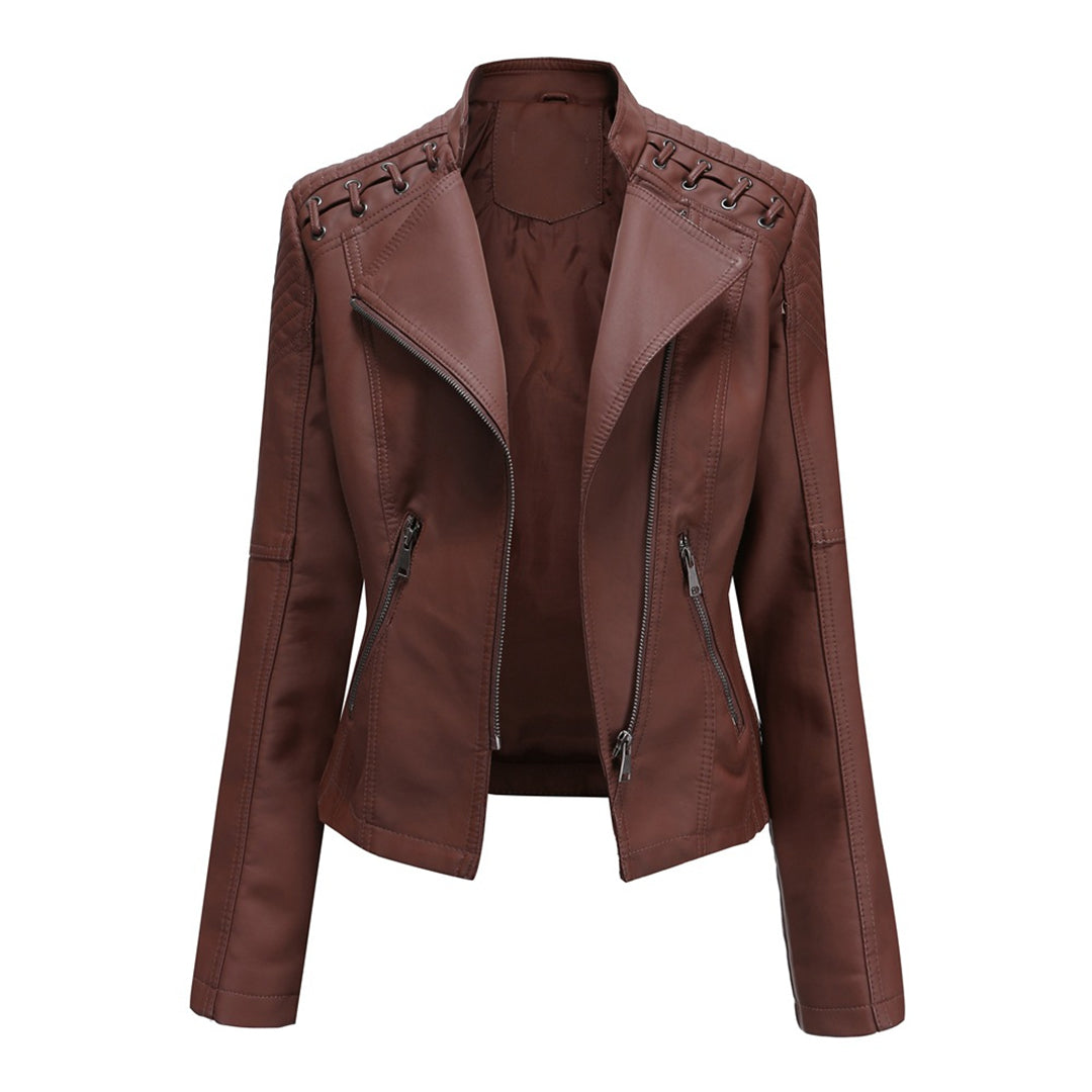 Braune Lederjacke für Damen, Reißverschluss, modisches Design, Herbstmode, elegant und stilvoll.