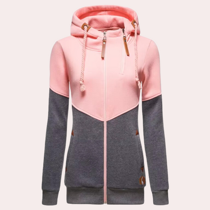 Damen Kapuzenpullover, rosa-grau, Reißverschluss, Kordelzug, Freizeitmode, Baumwolle.