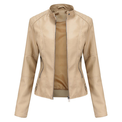 Beige Damen-Lederjacke, Reißverschluss, modisch, elegant, Herbstmode, Oberbekleidung.
