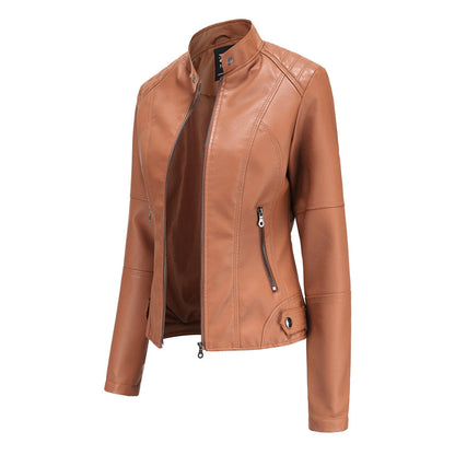 Damen Lederjacke, braun, Reißverschluss, Stehkragen, modisch, elegant, Herbstmode, vegan.