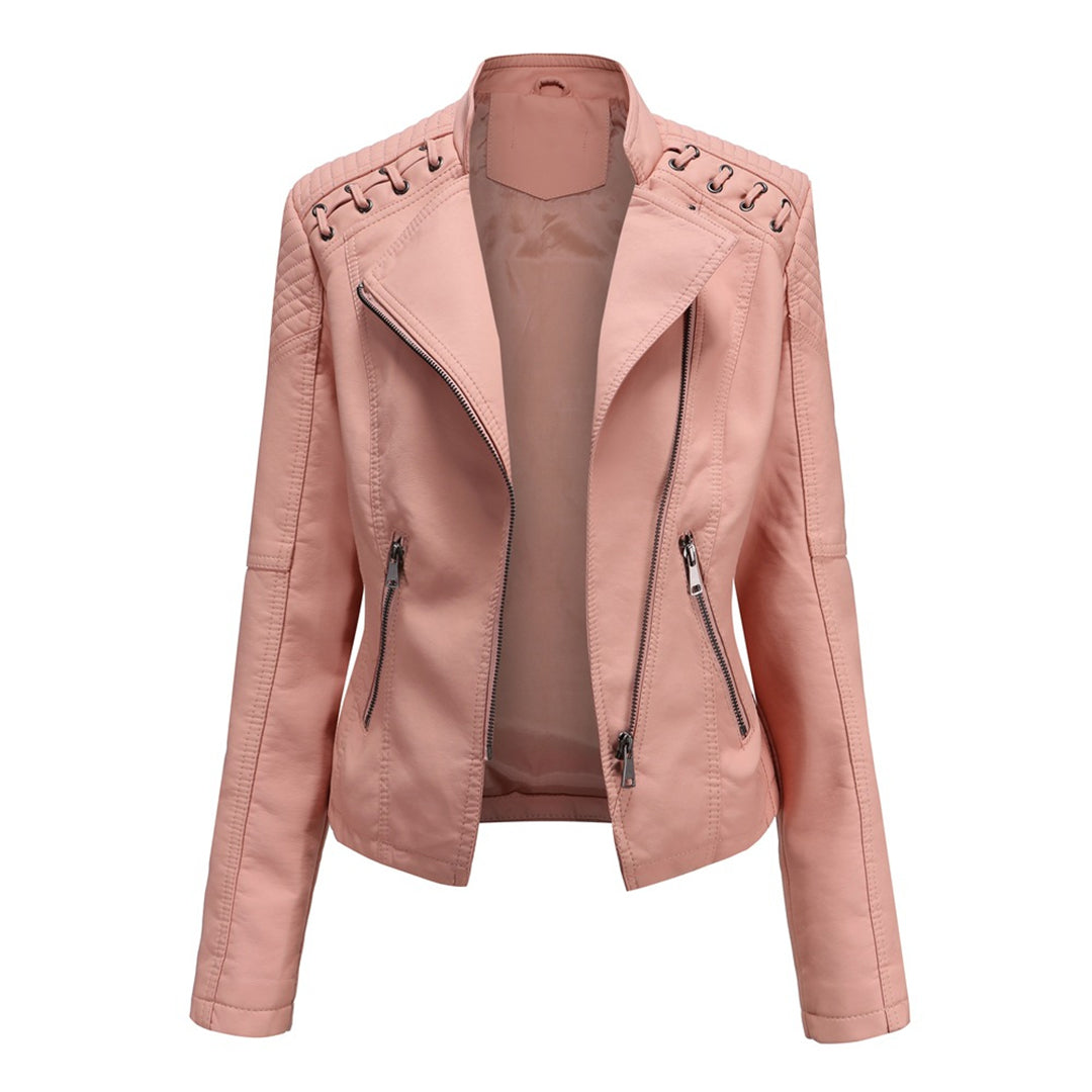 Damen Lederjacke rosa, Reißverschluss, modisch, Biker-Stil, elegant, Herbstmode.