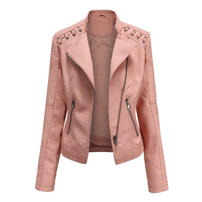Damen Lederjacke rosa, Reißverschluss, modisch, Biker-Stil, elegant, Herbstmode.