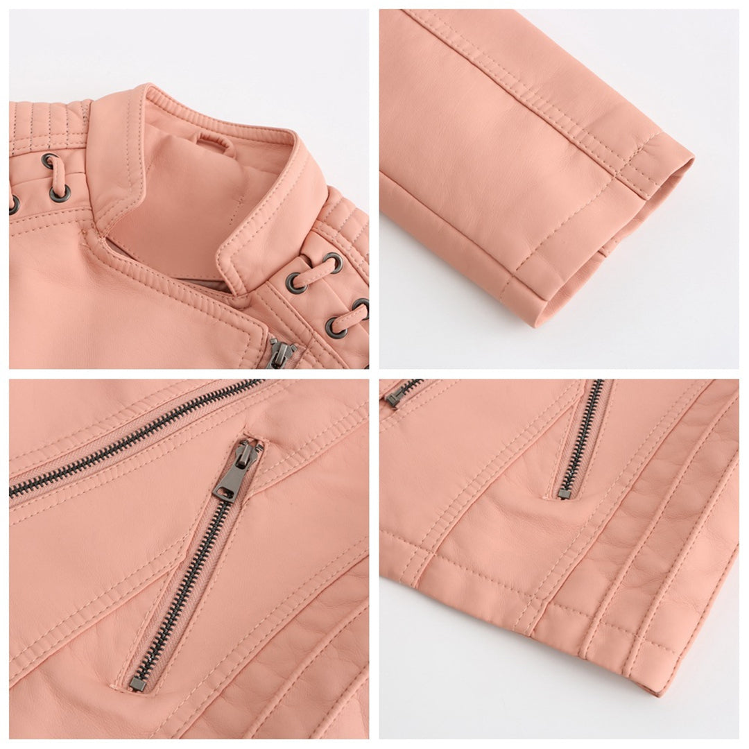 Damen Lederjacke rosa, Reißverschluss, Biker-Stil, modisch, hochwertig, elegant, Detailansicht.