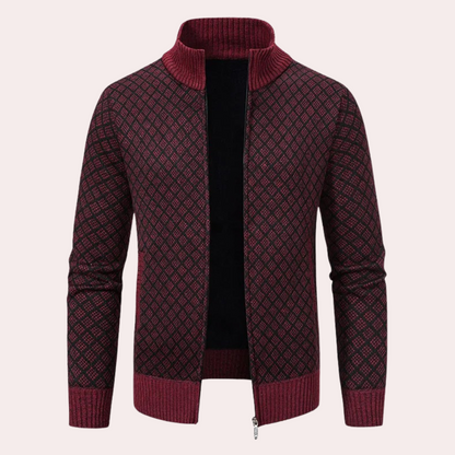 Bordeauxfarbener Strickjacke mit Reißverschluss, geometrisches Muster, Herrenmode, Winterkleidung.