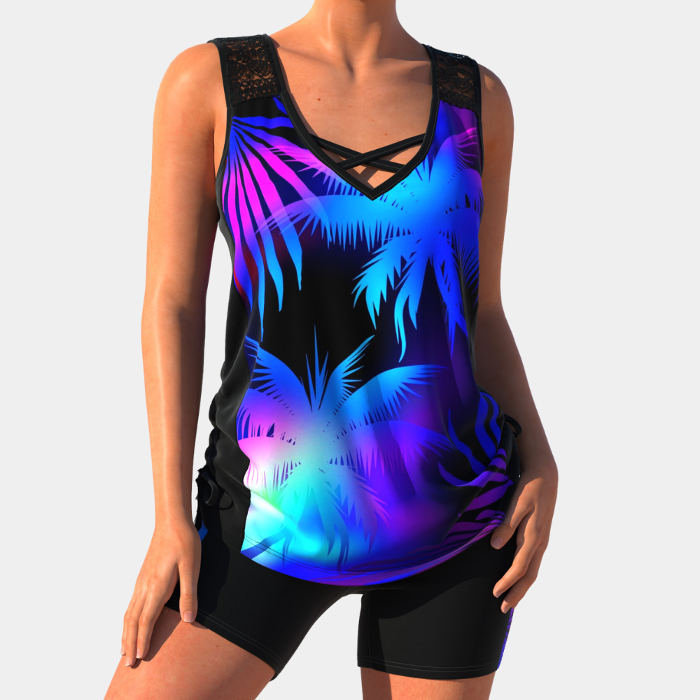 Damen Tanktop mit tropischem Palmenmuster, lila-blau, ärmellos, Sommermode.